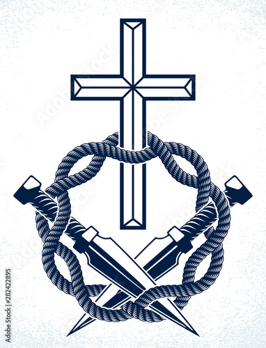 Gangster thug emblem or logo with Christian Cross, vector tattoo, anarchy and chaos, dead rebel partisan and revolutionary.