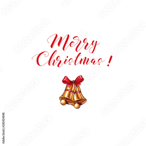 Merry Christmas 2020 greeting card color template, golden belles isolated on white background. Holiday ink brush calligraphy. Xmas, New Year party vector poster, handwritten lettering benner