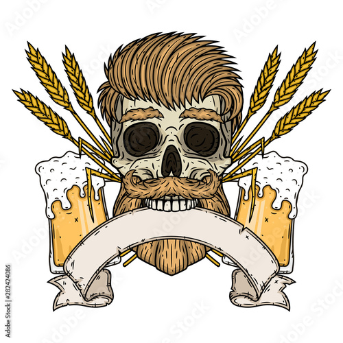 Skull with ears of wheat, glass of beer and ribbon for your text.