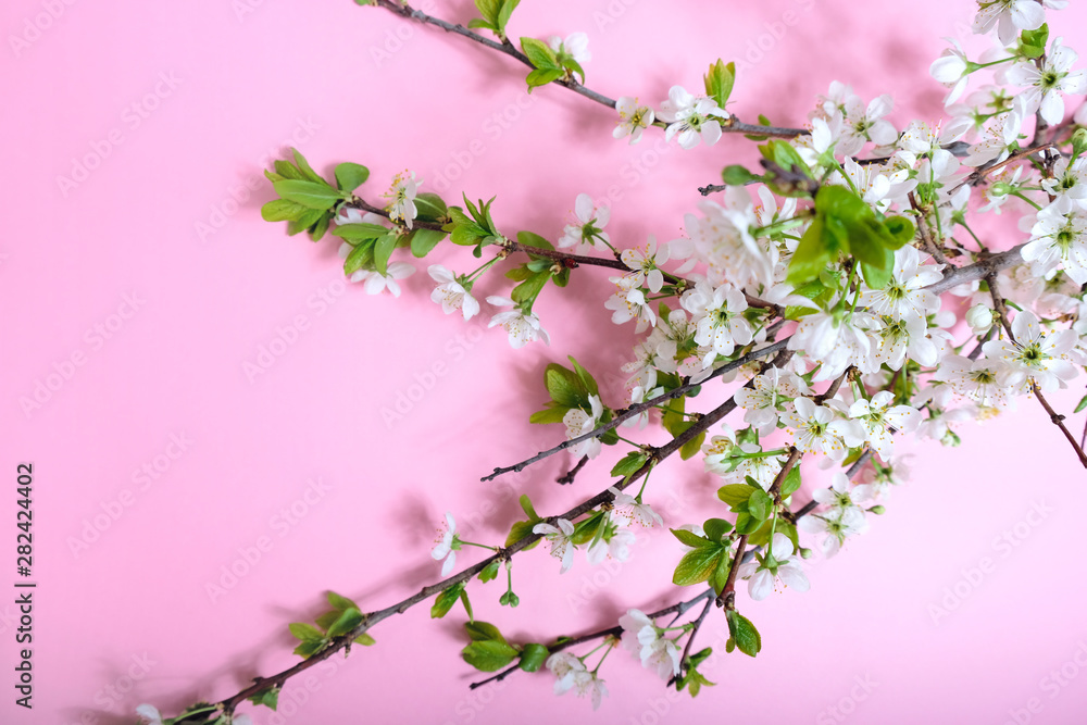 Inscription blooming on a pink background with a flowering branch Inscription blooming on a pink background with a flowering branch
