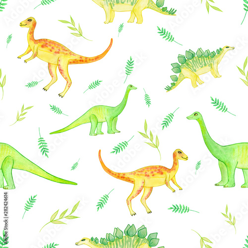 Fototapeta Naklejka Na Ścianę i Meble -   watercolor pattern with cute dinosaurs. Orange and green monsters. Kids design