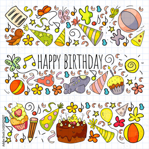 Vector set of cute creative illustration templates with birthday theme design. Hand Drawn for holiday, party invitations. Drawing on squared notebook.