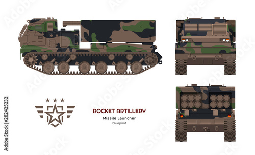 Missile vehicle in realistic style. Rocket artillery. Side, front and back view. 3d image of military tractor with jet weapon. Camouflage tank