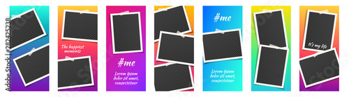 PrintStory template kit for social media with bright gradient background. Set with empty photo frames. Mockup trendy concept set. Insta abstract editable banner pack. Instagram story backgrounds.