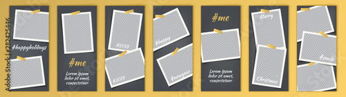 Story template kit for social media with bright gradient backgrounds. Set with empty photo frames. Mockup trendy concept set. Insta abstract editable banner pack. Instagram story backgrounds.