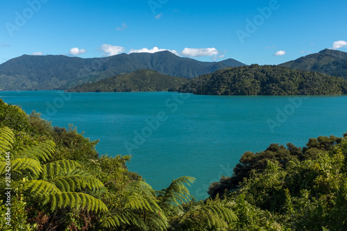 Looking down the beautiful and stunning Marlborough Sound and the surrounding hills at the top of the South Island, New Zealand on a sunny day.