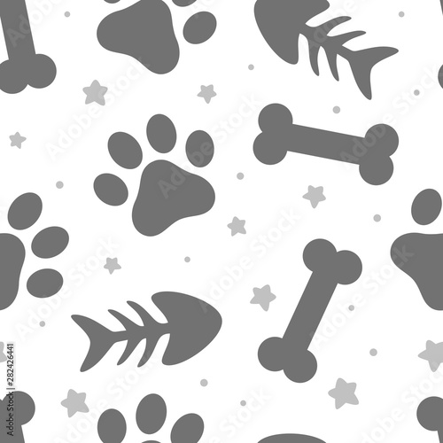 pet paw  fish bone and dog bone seamless pattern background   animal vector illustration