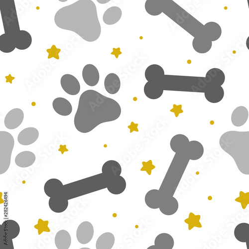 pet paw, fish bone and dog bone seamless pattern background,  animal vector illustration