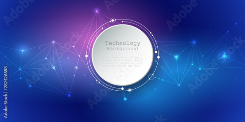 Illustration Abstract 3d paper circle with molecules, lines, geometric, polygon, triangle pattern. Vector design network communication technology on dark blue background. Futuristic technology concept