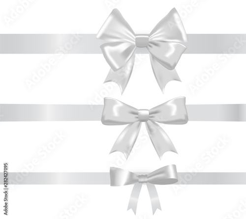 Silver realistic different ribbon bows set, vector illustration. For cards, banners decoration