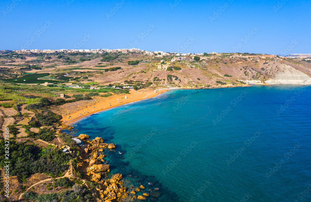 Obraz premium Ramla bay beach. Gozo island. Aerial view from Tal-Mixta Cave. Malta