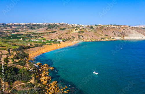 Ramla bay beach. Gozo island. Aerial view from Tal-Mixta Cave. Malta country