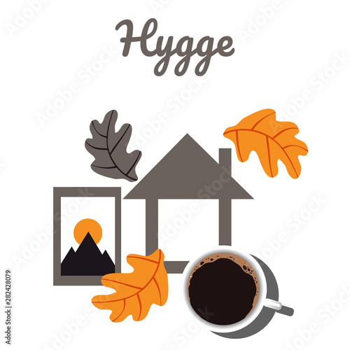 Hugge and comfort with home, coffee and autumn leaves. Scandinavian postcard.