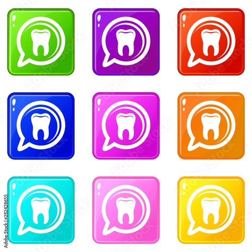 Explore tooth icons set 9 color collection isolated on white for any design