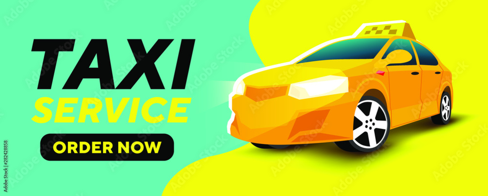 taxi service vector banner, poster design. taxi car on yellow, blue background