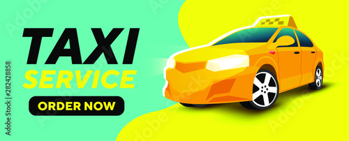 taxi service vector banner  poster design. taxi car on yellow  blue background