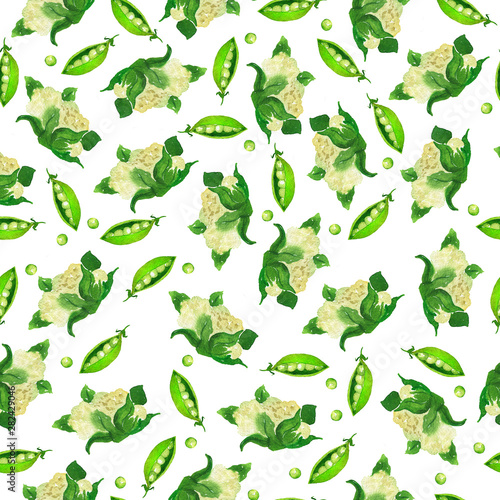 Seamless pattern with fresh cauliflower and green peas on white background. Hand drawn watercolor illustration.