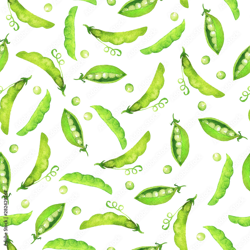 Seamless pattern with fresh green pees on white background. Hand drawn watercolor illustration. Seamless pattern with fresh green pees on white background. Hand drawn watercolor illustration.