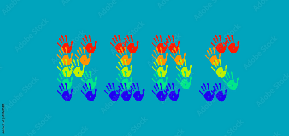 Colorful banner with word Kids. Creative font letters from handprints