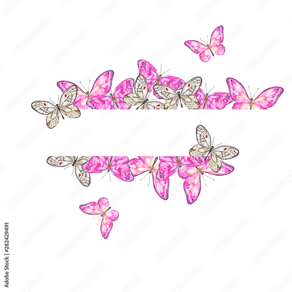 Decorative pink and grey butterfly border isolated on white background. Hand drawn watercolor illustration. Decorative pink and grey butterfly border isolated on white background. Hand drawn watercolor illustration.
