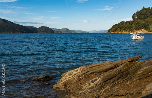 A low-level view of the beautiful and stunning Marlborough Sound and the surrounding hills at the top of the South Island, New Zealand on a sunny day with a boat in the background.