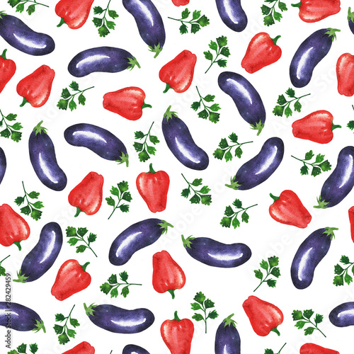 Wallpaper Mural Seamless pattern with red bell peppers, violet eggplants and green parsley on white background. Hand drawn watercolor illustration. Torontodigital.ca