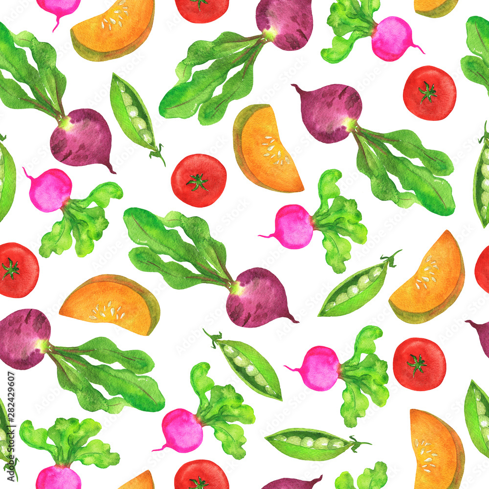Seamless pattern with fresh green pees, beetroot, radishes, tomato and pumpkin slices on white background. Hand drawn watercolor illustration. Seamless pattern with fresh green pees, beetroot, radishes, tomato and pumpkin slices on white background. Hand drawn watercolor illustration.