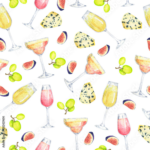 Seamless pattern with sparkling wine glasses  grapes  figs and cheese on white background. Hand drawn watercolor illustration.