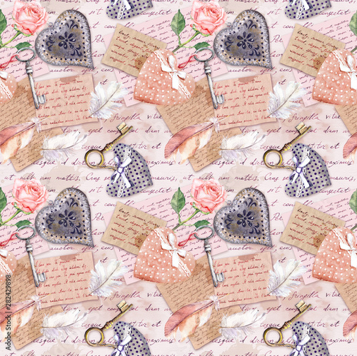 Vintage aged paper, flowers, hand written letters, keys, roses, pink textile hearts. Seamless background