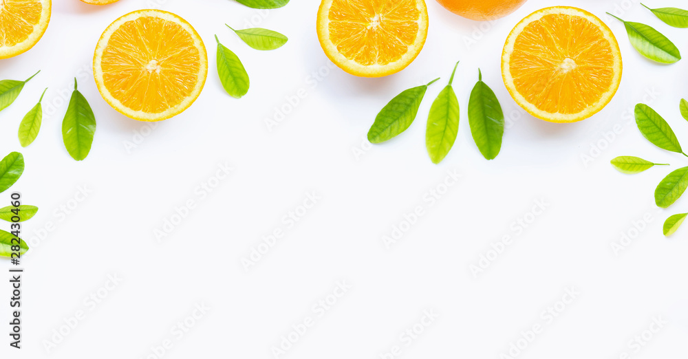 Fresh orange citrus fruit with leaves isolated on white background. Fresh orange citrus fruit with leaves isolated on white background.