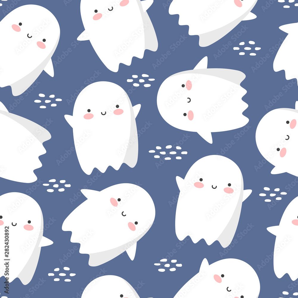 Halloween cute ghost pattern, seamless background, holidays cute ghost cartoon character, halloween cute icon flying ghost logo, vector illustration