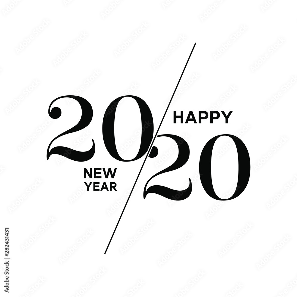 Plakat 2020 Logo Happy New Year. Brochure Design Template, Poster, Card, Banner. Vector Illustration. Black Design Isolated On White Background.