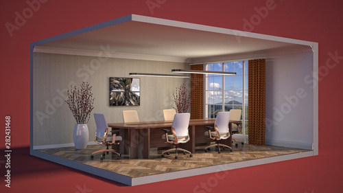 Office interior in a box. 3D illustration