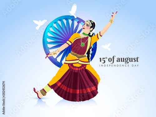 illustration of colorful culture of India on blue sky background with 3d ashoka chakra or flying birds. Happy independence day. 15 august