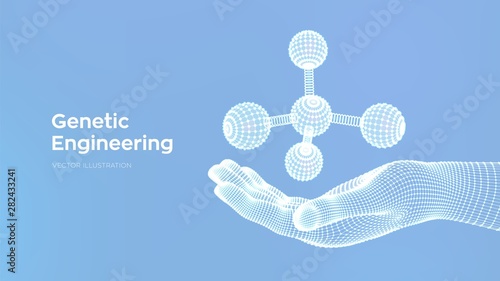 Molecule in hand. Dna, atom, neurons. Molecules and chemical formulas. 3D Scientific molecule background for medicine, science, technology, chemistry, biology. Vector illustration.