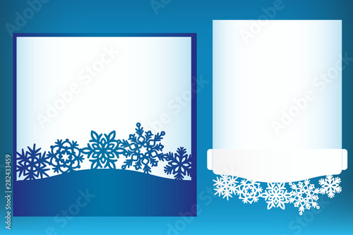 Laser cut Christmas card template with snowflakes. Invitation for Christmas party or greeting card pocket template. Image suitable for laser cutting, plotter cutting or printing.