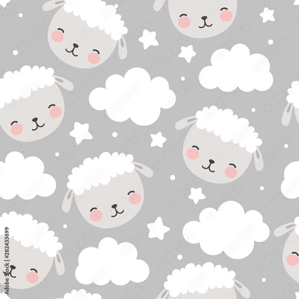 Sheep Seamless Pattern with clouds and stars, Cute Cartoon Animal Background, Illustration Vector Sheep Seamless Pattern with clouds and stars, Cute Cartoon Animal Background, Illustration Vector