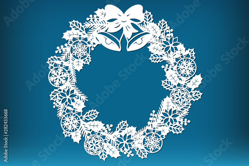 Laser cut Christmas holly wreath. Christmas decoration cutting template, vector.
