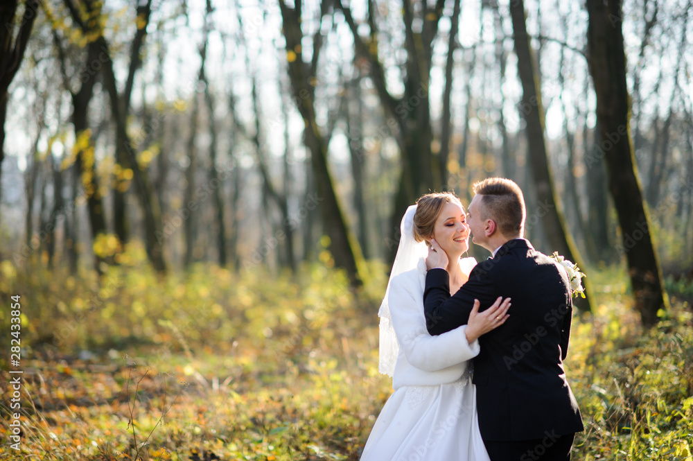 Young wedding couple enjoying romantic moments