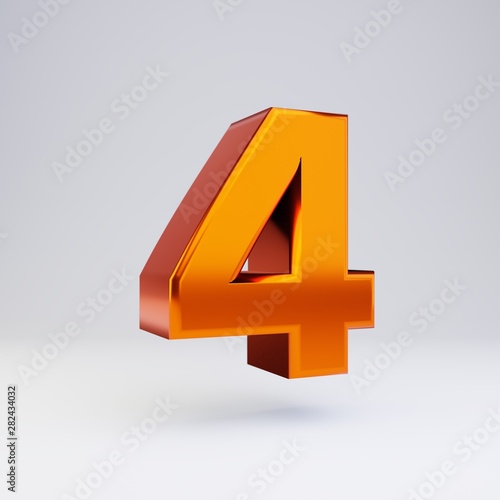 3d number 4. Hot orange metallic font with glossy reflections and shadow isolated on white background.