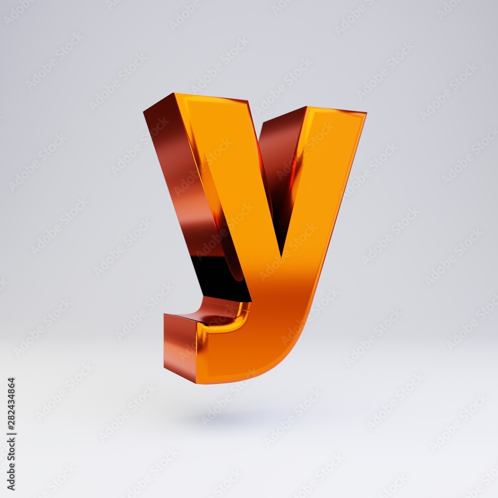 3d letter Y lowercase. Hot orange metallic font with glossy reflections and shadow isolated on white background. 3d letter Y lowercase. Hot orange metallic font with glossy reflections and shadow isolated on white background.