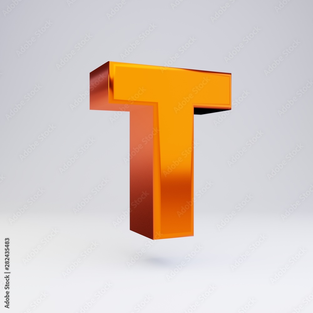 3d letter T uppercase. Hot orange metallic font with glossy reflections and shadow isolated on white background. 3d letter T uppercase. Hot orange metallic font with glossy reflections and shadow isolated on white background.