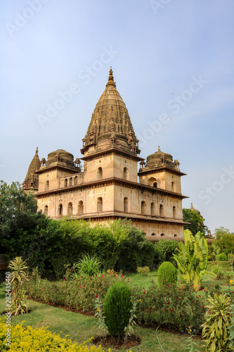 Cenotaph chhatries near the Betwa River in Orchha, India photo