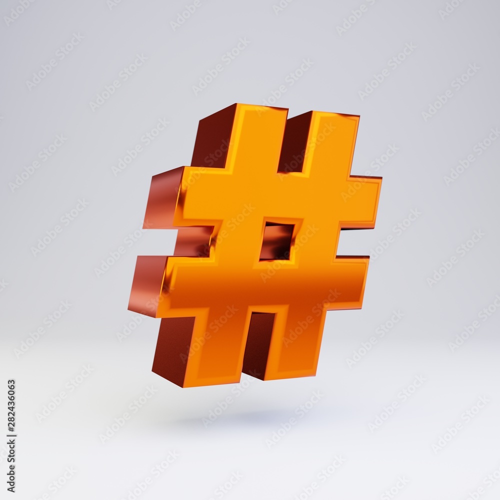 Obraz premium 3d hashtag symbol. Hot orange metallic font with glossy reflections and shadow isolated on white background.