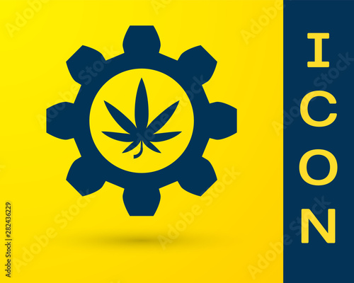 Blue Chemical test tube with marijuana or cannabis leaf icon isolated on yellow background. Research concept. Laboratory CBD oil concept. Vector Illustration
