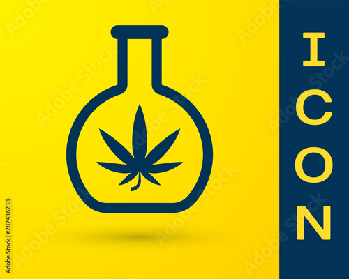 Blue Chemical test tube with marijuana or cannabis leaf icon isolated on yellow background. Research concept. Laboratory CBD oil concept. Vector Illustration