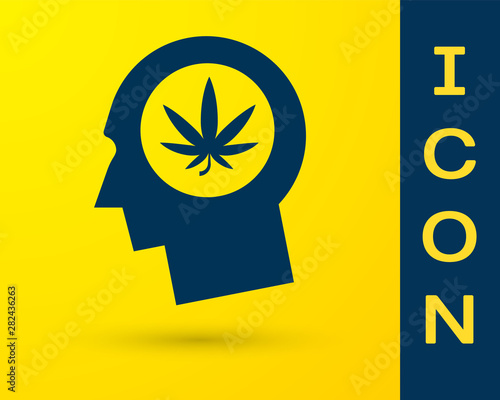Blue Silhouette of male head in profile with marijuana or cannabis leaf icon isolated on yellow background. Marijuana legalization. Hemp symbol. Vector Illustration