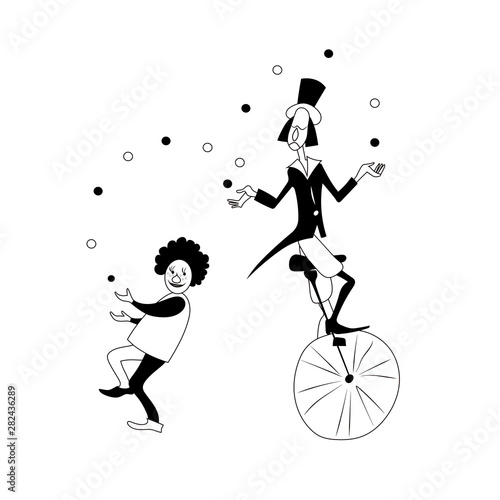 Funny clowns juggling. Black and white vector drawing image.