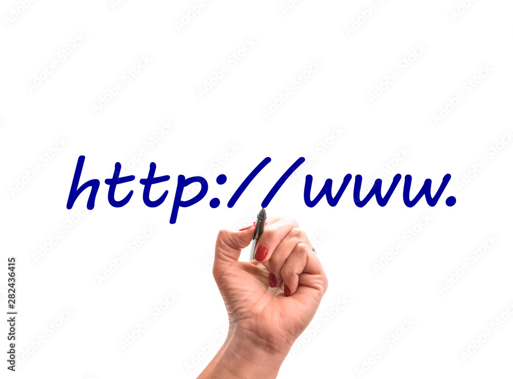 Fototapeta premium website address or URL concept. woman hand writing web address on isolated white bacground with pencil