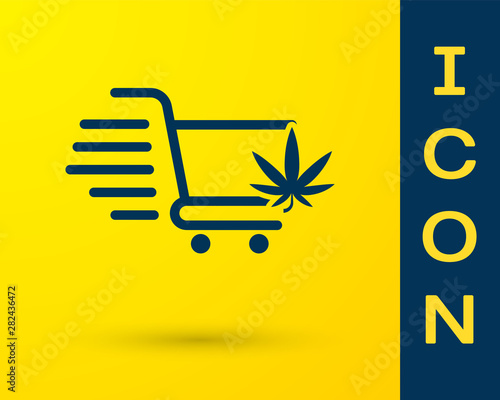 Blue Shopping cart with marijuana or cannabis leaf icon isolated on yellow background. Online buying. Delivery service. Supermarket basket. Vector Illustration